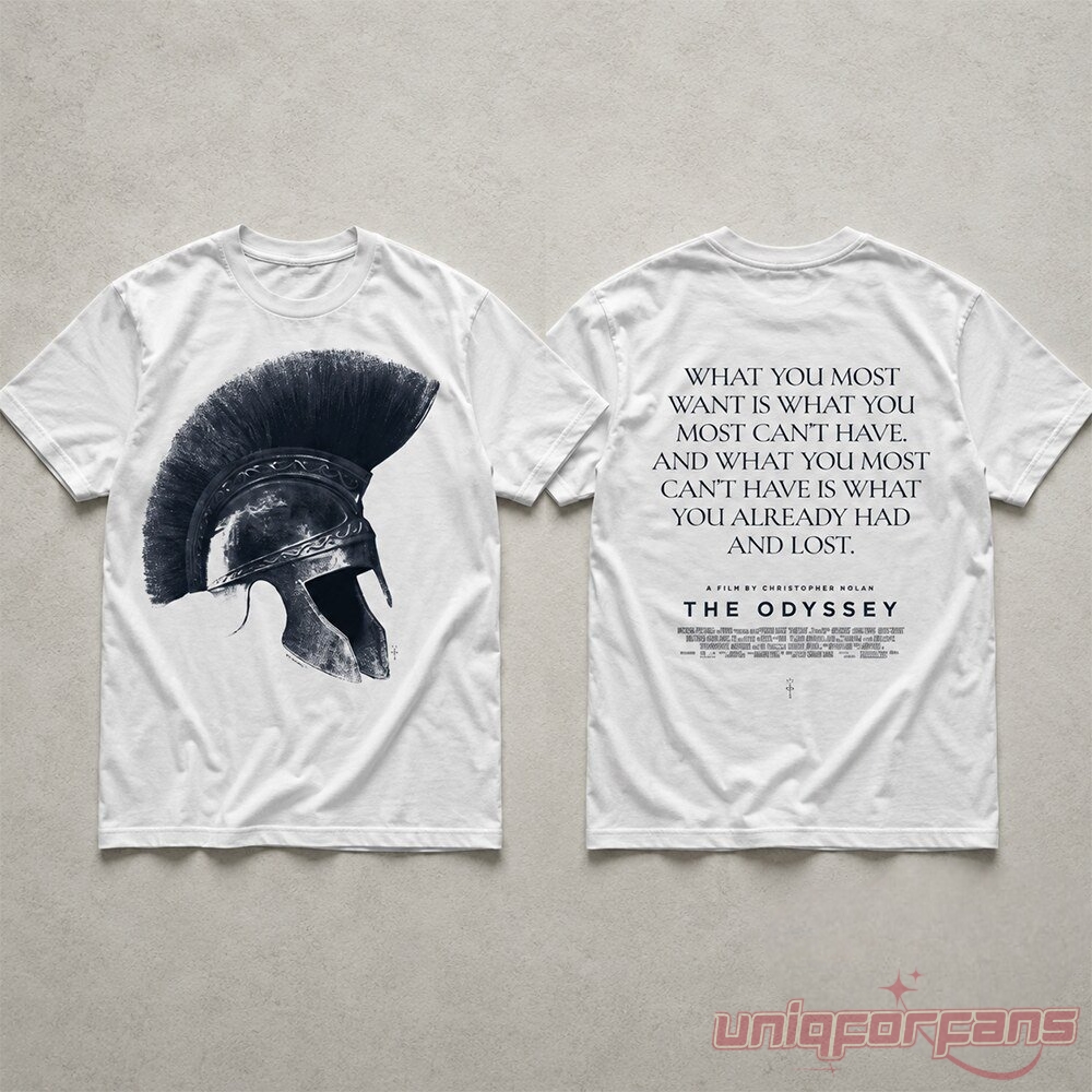 Travis Scott Cactus Jack x The Odyssey Movie Special Edition Shirt in white with helmet graphic & quote text on back