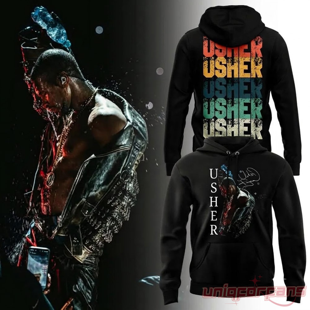 Usher x Chris Brown Raymond and Brown Tour 2026 Black Collection Hoodie front and colorful stacked text back view