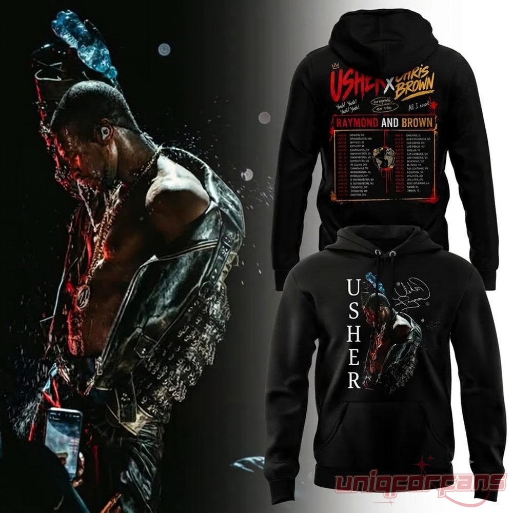 Usher x Chris Brown Raymond and Brown Tour 2026 Black Collection Hoodie showing front graphic and tour dates back