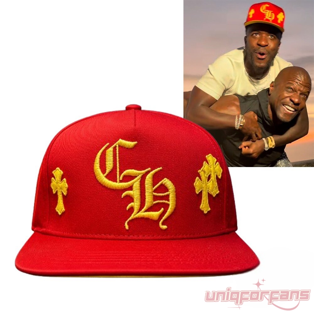 Vinicius Junior Red Chrome Hearts Cap featuring gold CH logo embroidery and cross patches on a red flat-brim snapback