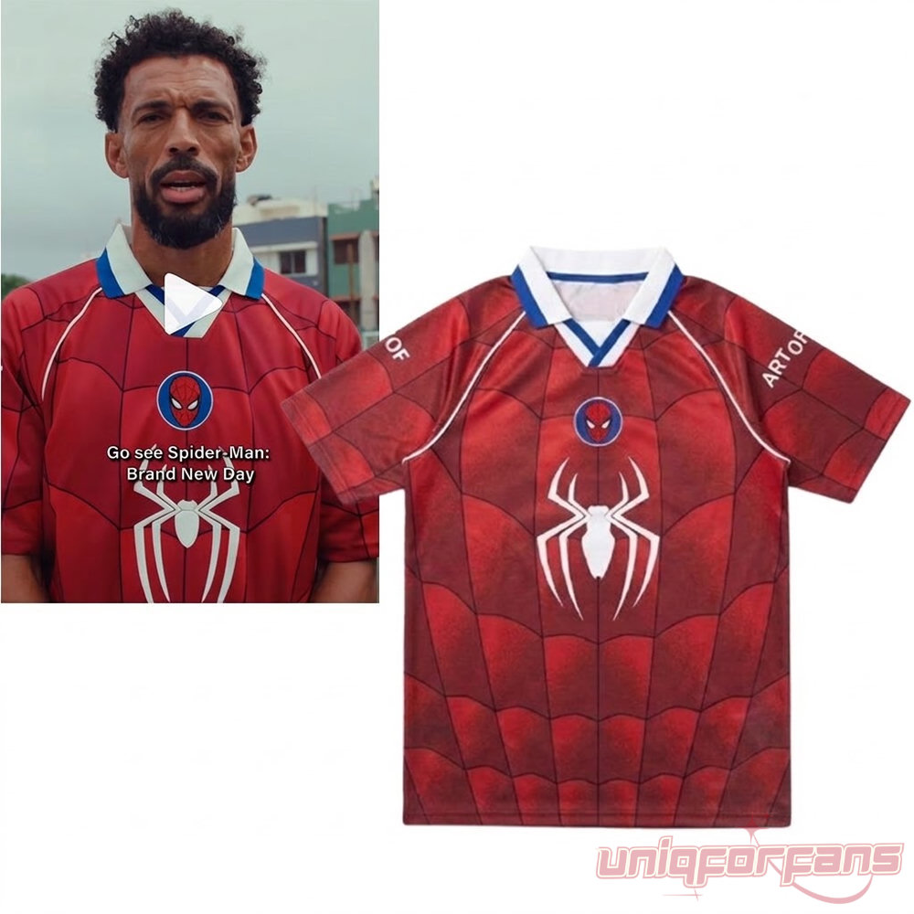 Vozinha x Spider-Man Brand New Day Football Jersey 2026 Limited in red worn in video with product view