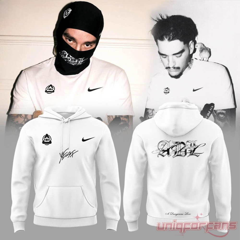 Yeat Love Lyfe North American Tour 2026 Hoodie – white Nike collab pullover with ADL gothic back graphic and Yeat signature front
