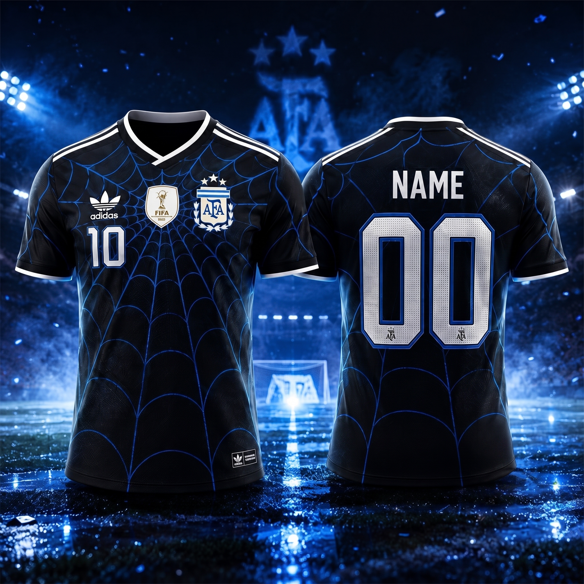 Argentina Messi x Spider Man Brand New Day Jersey Special Edition: Black and blue fan apparel with web pattern, AFA badge & number 10