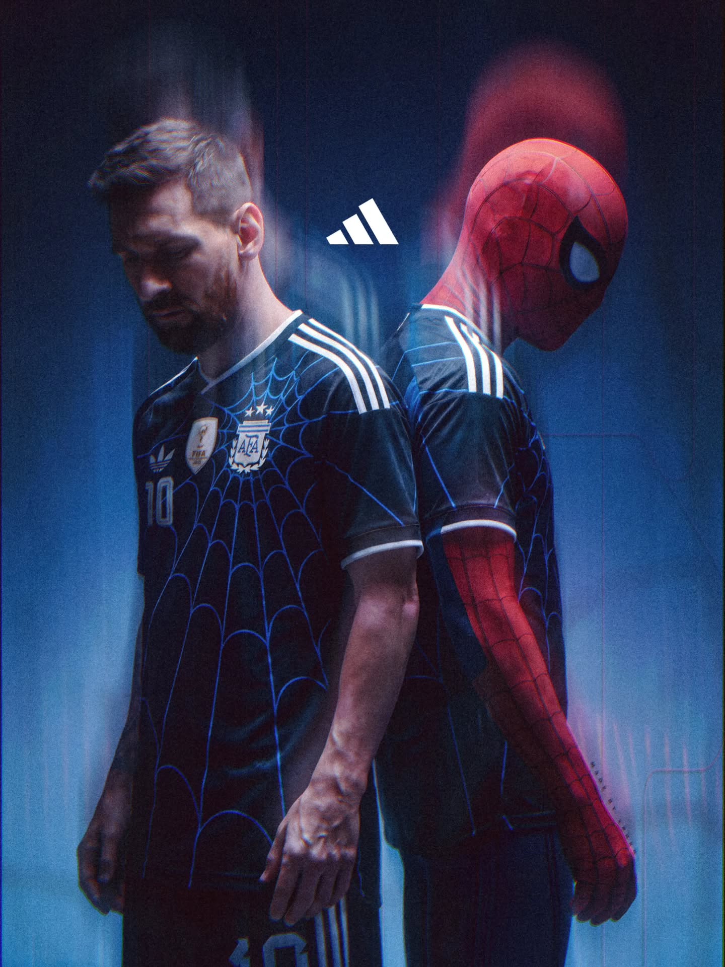 Argentina Messi x Spider-Man jersey: Black and blue special edition fan apparel with web pattern, AFA badge & number 10