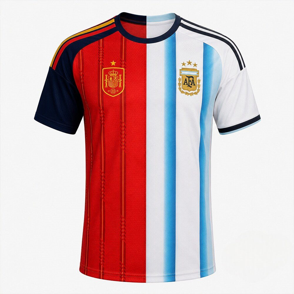 Spain Vs Argentina World Cup 2026 Final Special Custom Split Jersey front view showing half red and half blue stripes