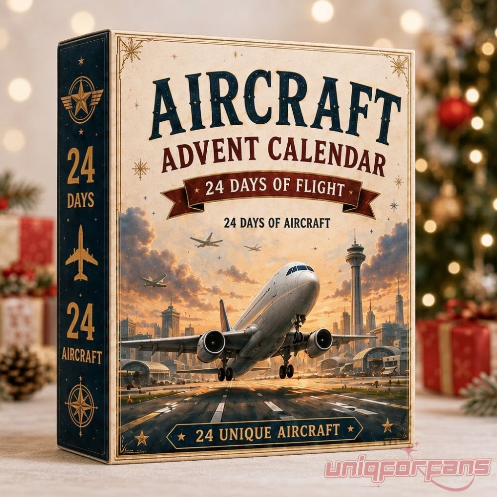 24 Days of Flight Aircraft Advent Calendar Toy Set box packaging with vintage airplane graphic in Christmas setting
