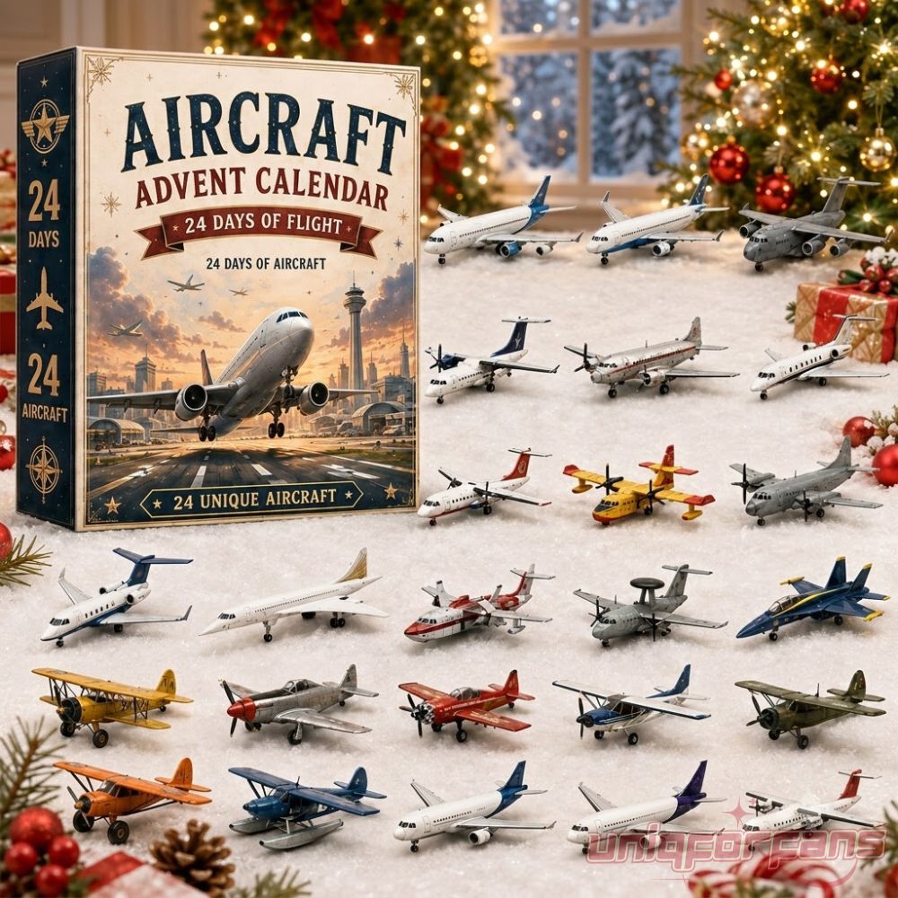 24 Days of Flight Aircraft Advent Calendar Toy Set featuring boxed calendar alongside 24 unique miniature airplane models