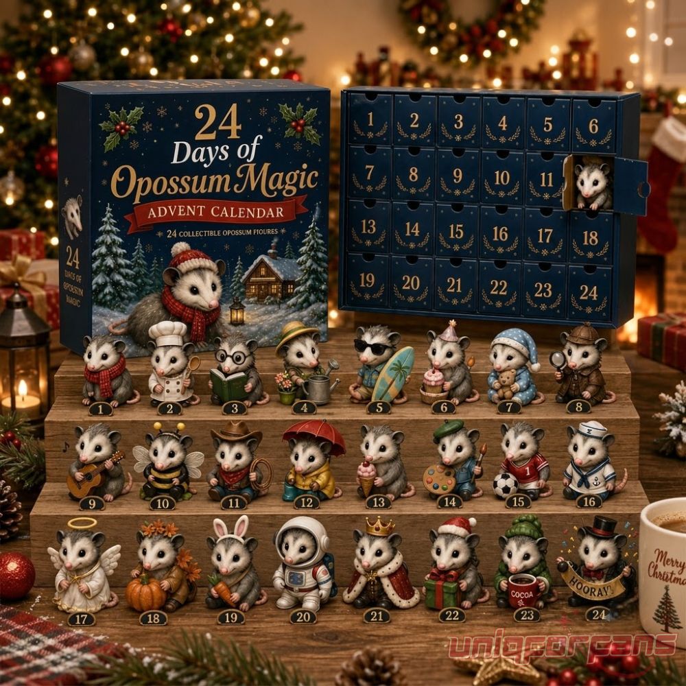 24 Days of Opossum Magic Advent Calendar Toy Figures Set showing dark blue calendar box with numbered doors next to display of opossum figurines