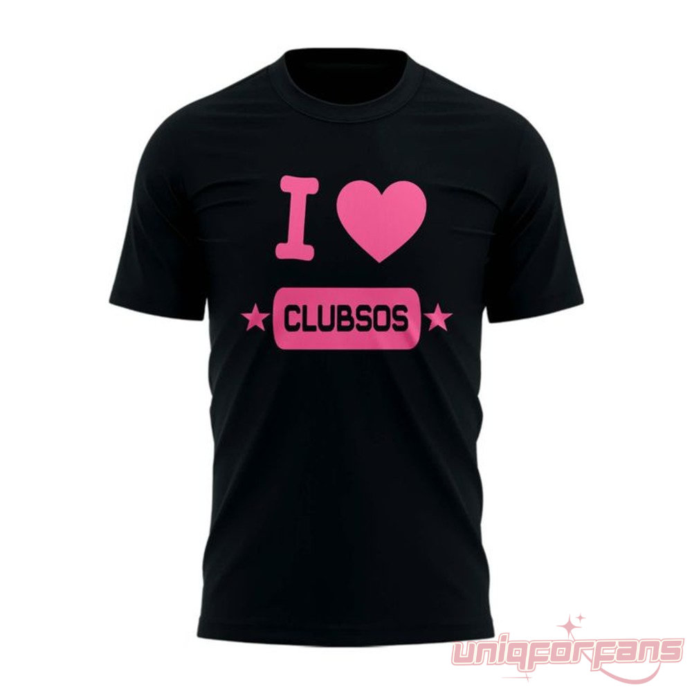 5 Seconds of Summer Tour 2026 I Love CLUBSOS Limited Shirt, black cotton crewneck t-shirt featuring pink heart text print