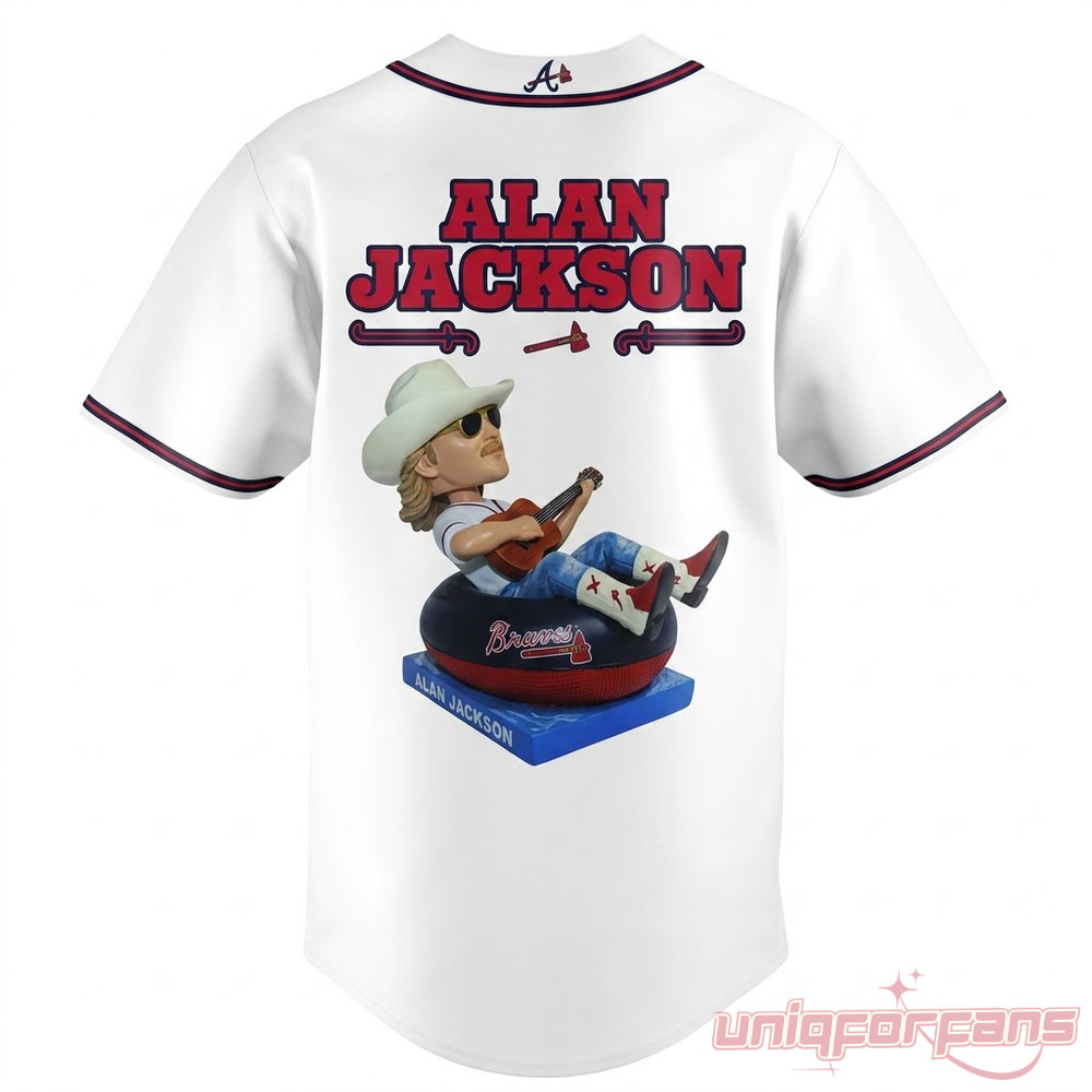 Alan Jackson x Atlanta Braves 2026 At Truist Park Baseball Jersey back featuring Alan Jackson bobblehead graphic