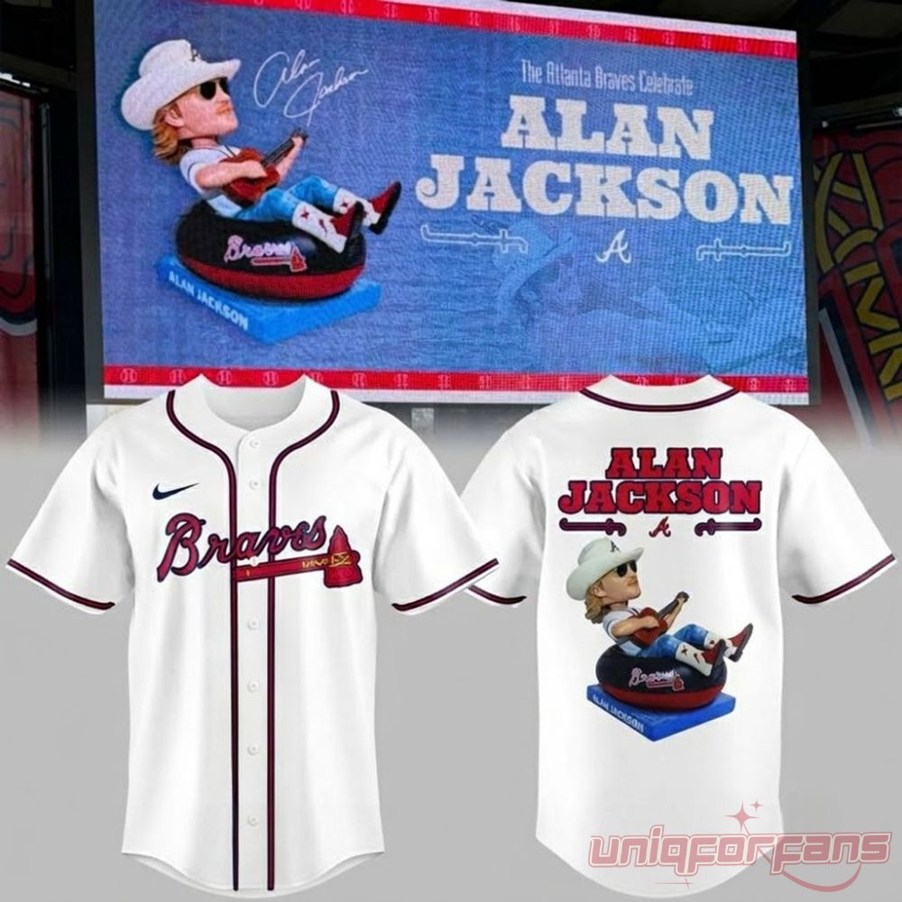 Alan Jackson x Atlanta Braves 2026 At Truist Park Baseball Jersey front and back views with jumbotron graphics