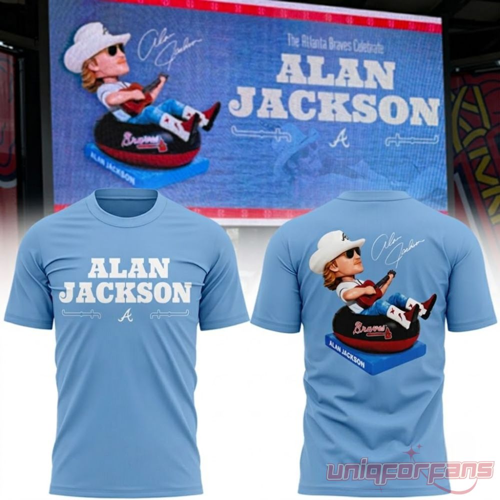 Alan Jackson x Atlanta Braves Celebration Night Light Blue Shirt front and back views with bobblehead graphic