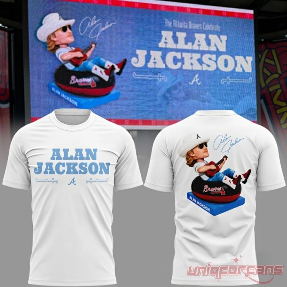 Alan Jackson x Atlanta Braves Celebration Night White Shirt front and back views with bobblehead graphic