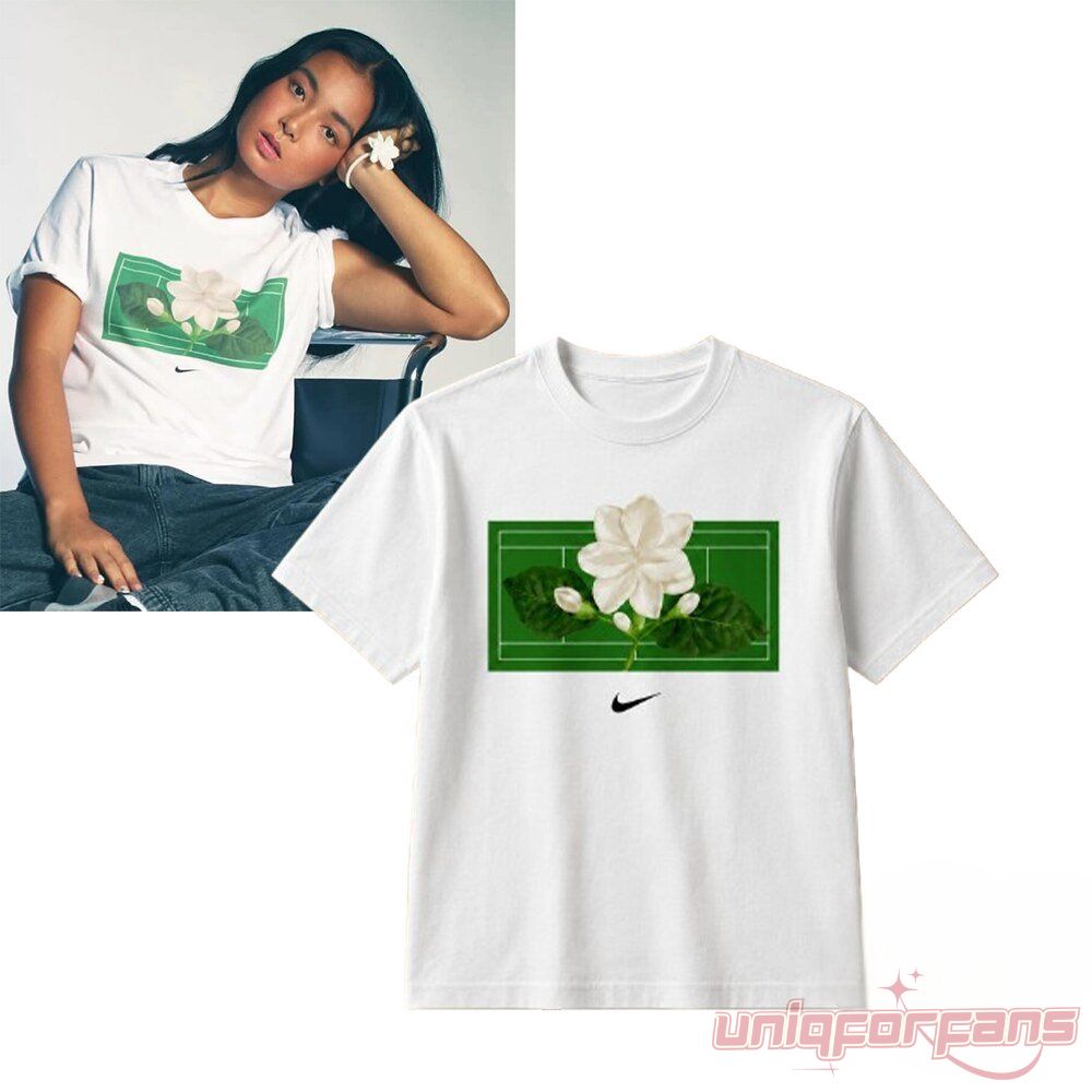 Alexandra Eala Sampaguita Graphic T-Shirt 2026, white crew neck tee with green tennis court print and white jasmine flower