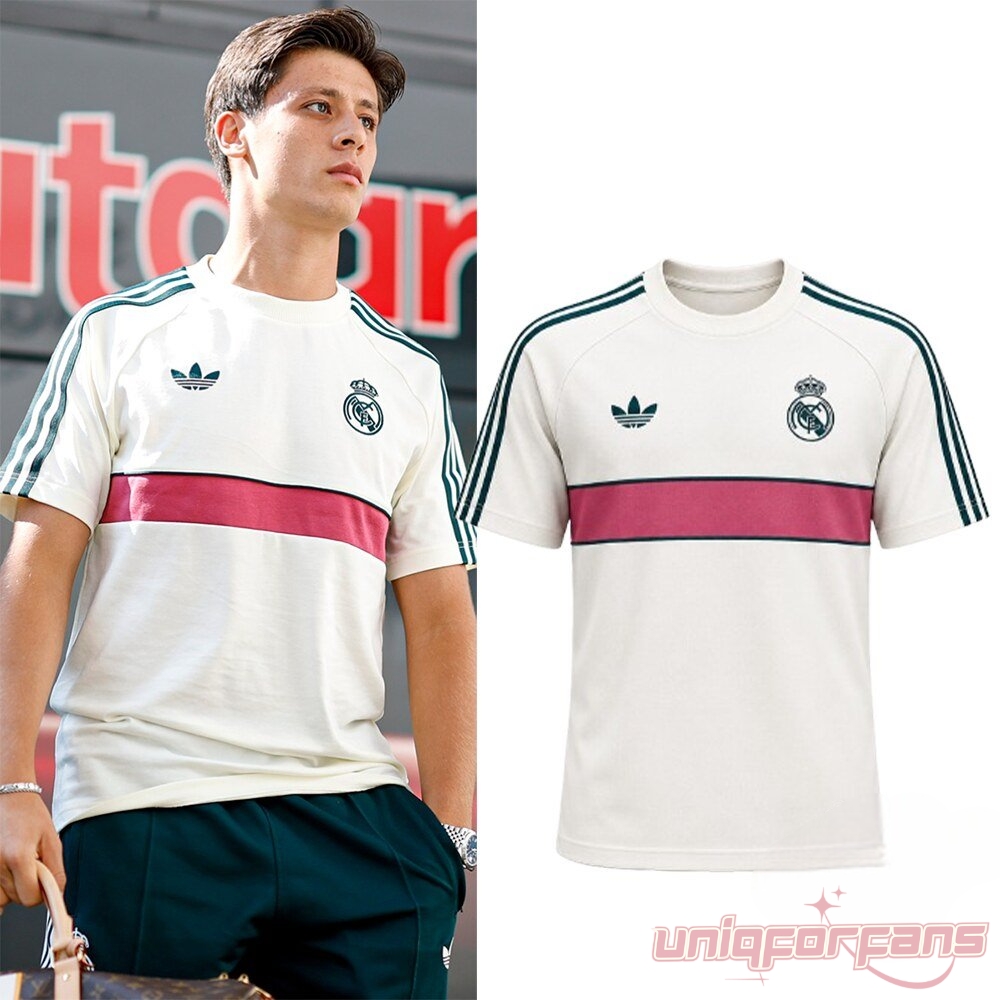 Arda Guler Real Madrid Retro Chest Stripe 2026 Jersey worn by player and shown white with pink stripe product view