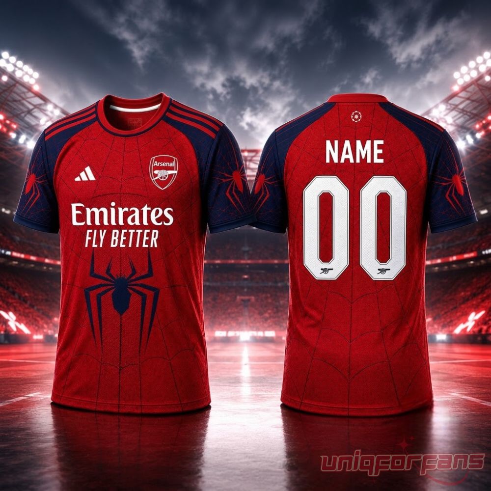 Arsenal FC x Spider Man Brand New Day Inspired Edition Jersey in red and blue, with spider web graphics and club crest