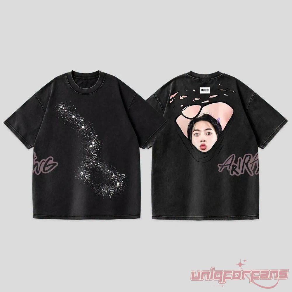 BTS ARIRANG Tour Washed Black T-Shirt featuring a starry "7" constellation front design and Jin backless cutout graphic on the back