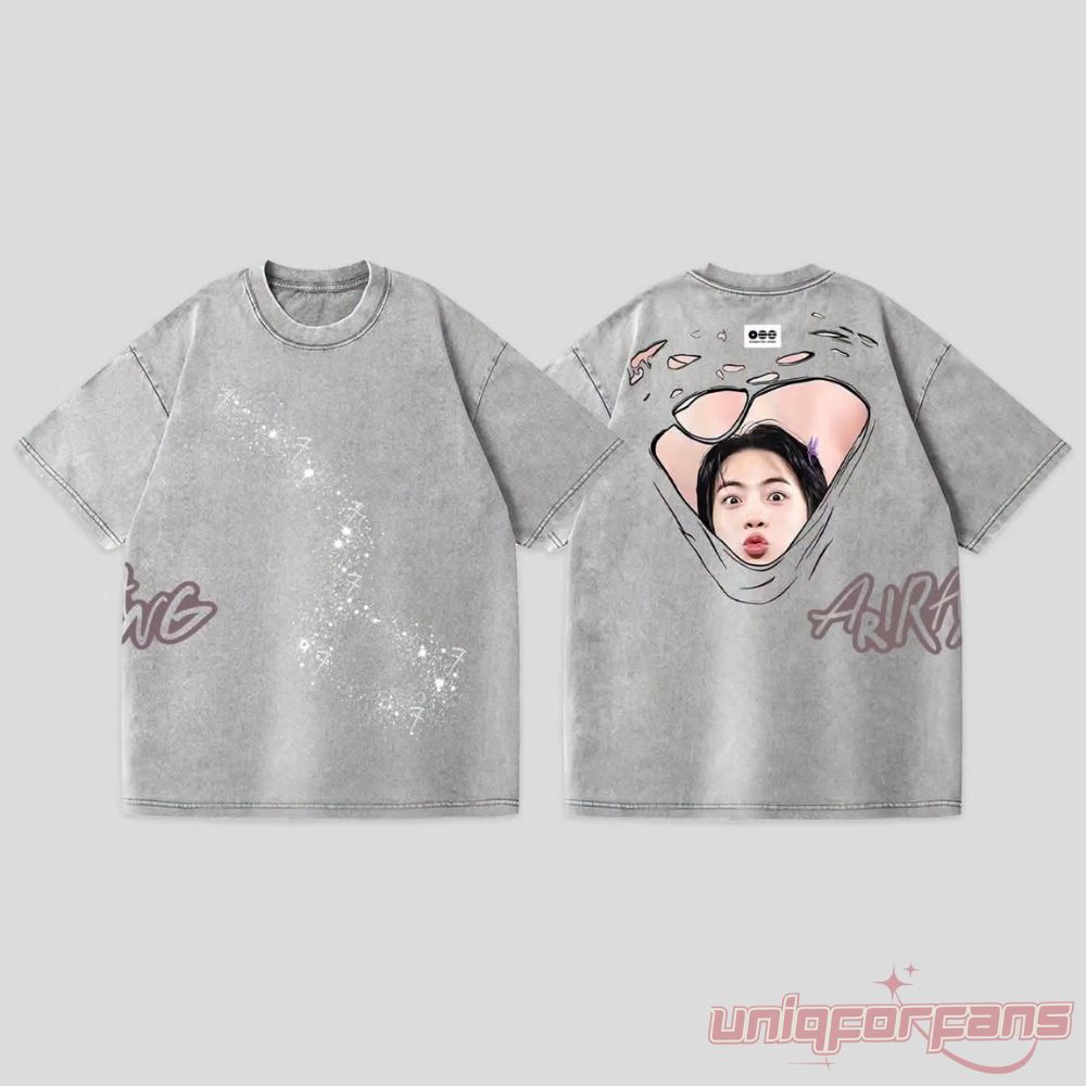 BTS ARIRANG Tour Light Grey T-Shirt featuring "7" constellation front artwork and a humorous Jin back cutout graphic on the back