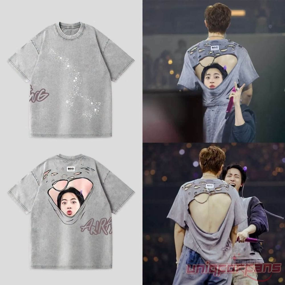 BTS ARIRANG Tour Vintage Grey T-Shirt featuring a starry "7" constellation front print and Jin peekaboo back cutout graphic