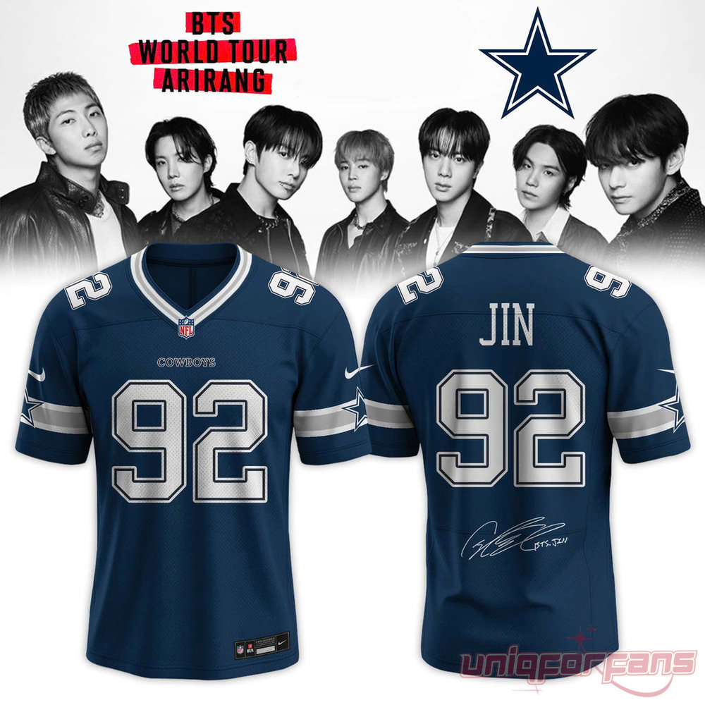 BTS Arirang World Tour x Dallas Cowboys custom blue football jersey for Jin, featuring number 92 and a facsimile signature on the back