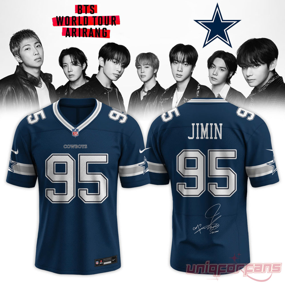 BTS Arirang World Tour x Dallas Cowboys custom blue football jersey for Jimin, featuring number 95 and a facsimile signature on the back