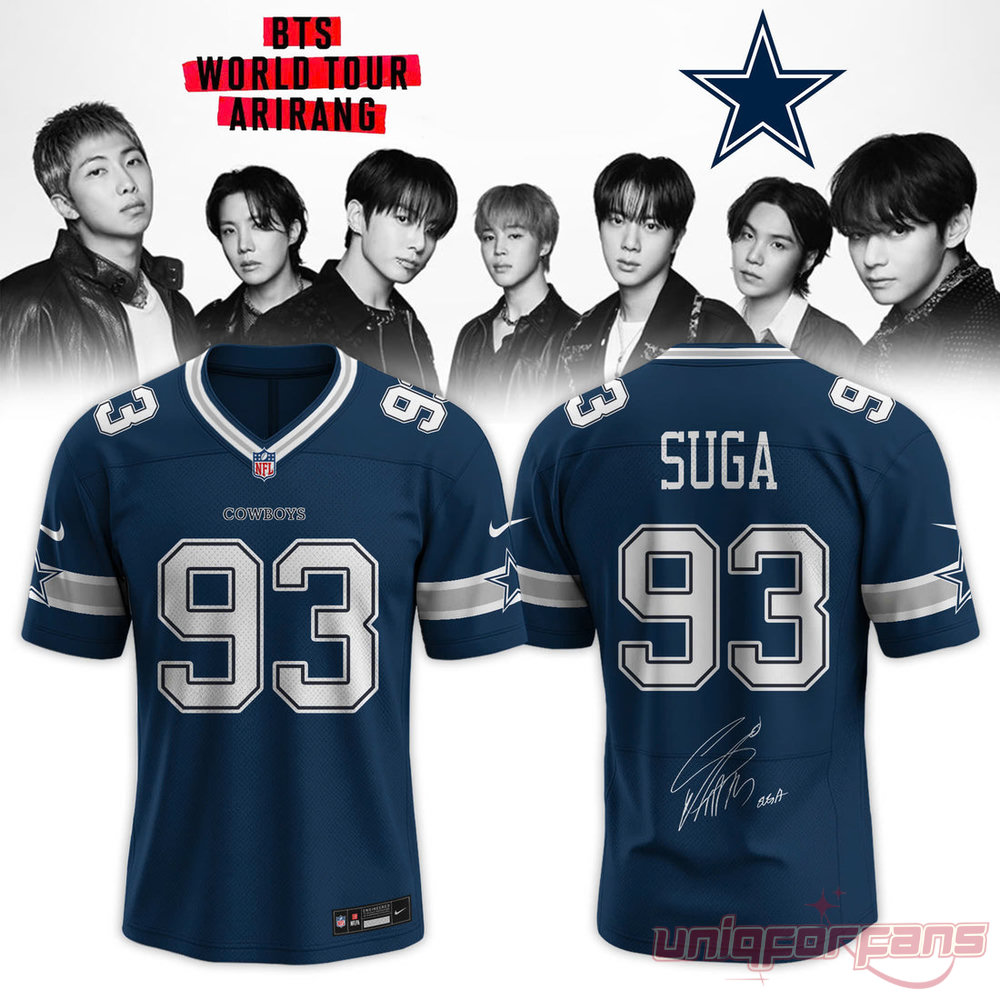 BTS Arirang World Tour x Dallas Cowboys custom blue football jersey for Suga, featuring number 93 and a facsimile signature on the back