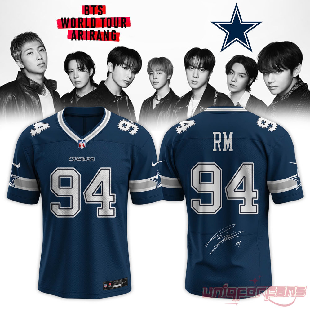 BTS Arirang World Tour x Dallas Cowboys custom blue football jersey for RM, featuring number 94 and a facsimile signature on the back