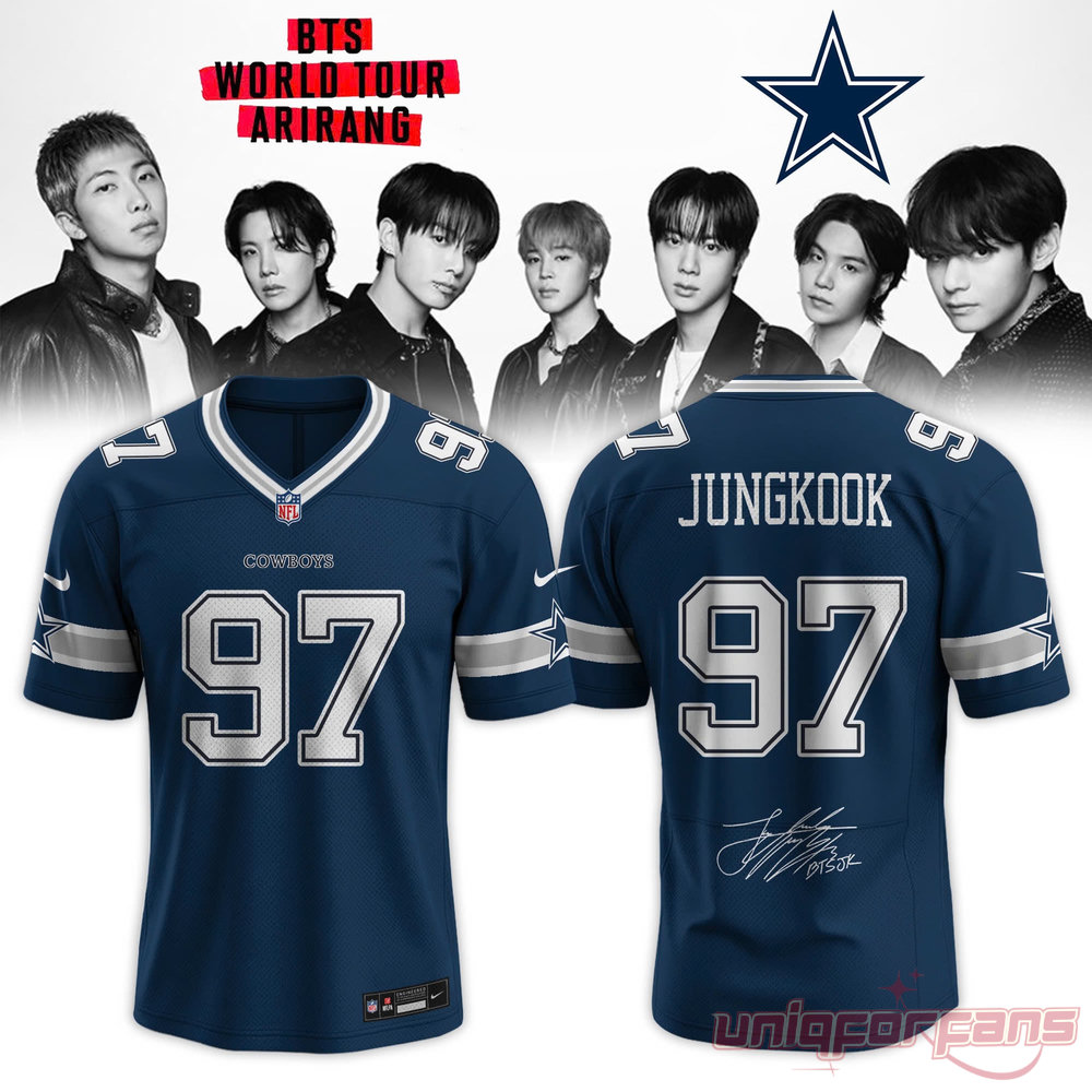 BTS Arirang World Tour x Dallas Cowboys custom blue football jersey for Jungkook, featuring number 97 and a facsimile signature on the back