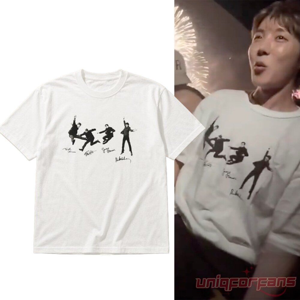 BTS J-HOPE Human Made Beatles Signature Tee white graphic t-shirt mockup beside photo of J-Hope wearing it