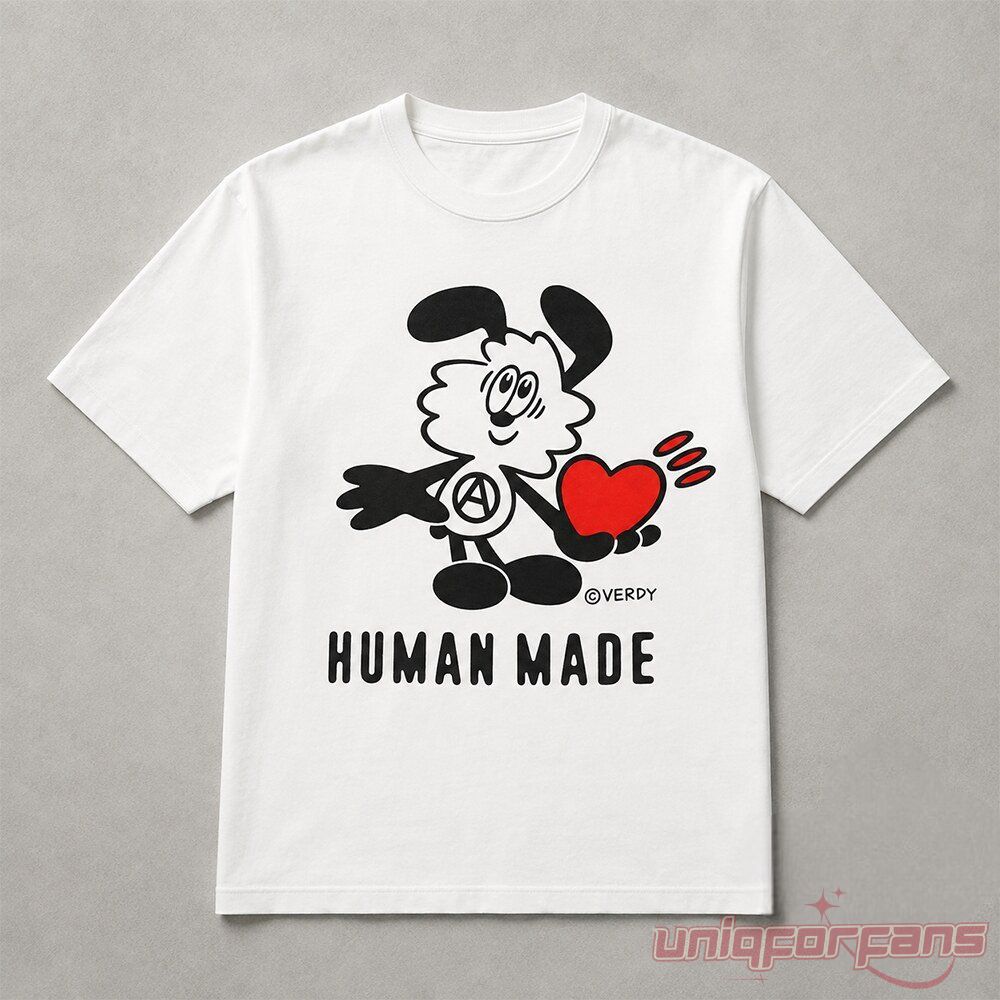Human Made x Verdy White Graphic T-Shirt with Vick cartoon character holding a red heart centered on grey background