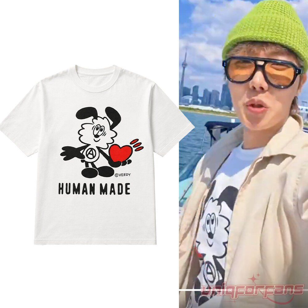 Human Made x Verdy White T-Shirt with Vick character graphic alongside BTS J-Hope wearing the tee in Toronto