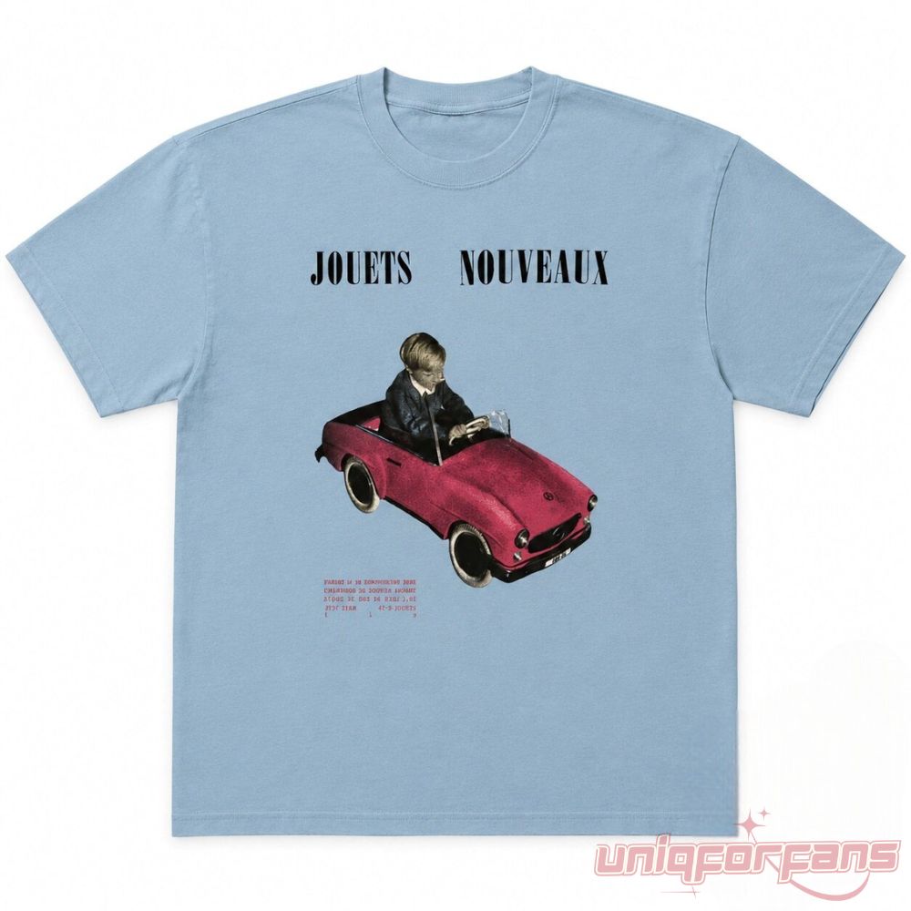 BTS J-Hope Jouets Nouveaux Shirt front view featuring vintage red toy car graphic on light blue cotton