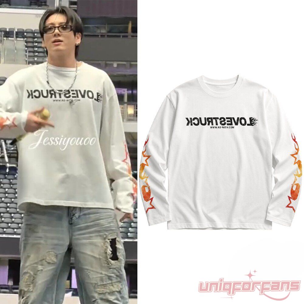 Image 1 (Split View: Artist Fit & Product) BTS Jungkook Arlington Day 2 Lovestruck White Long Sleeve Shirt worn by Jungkook