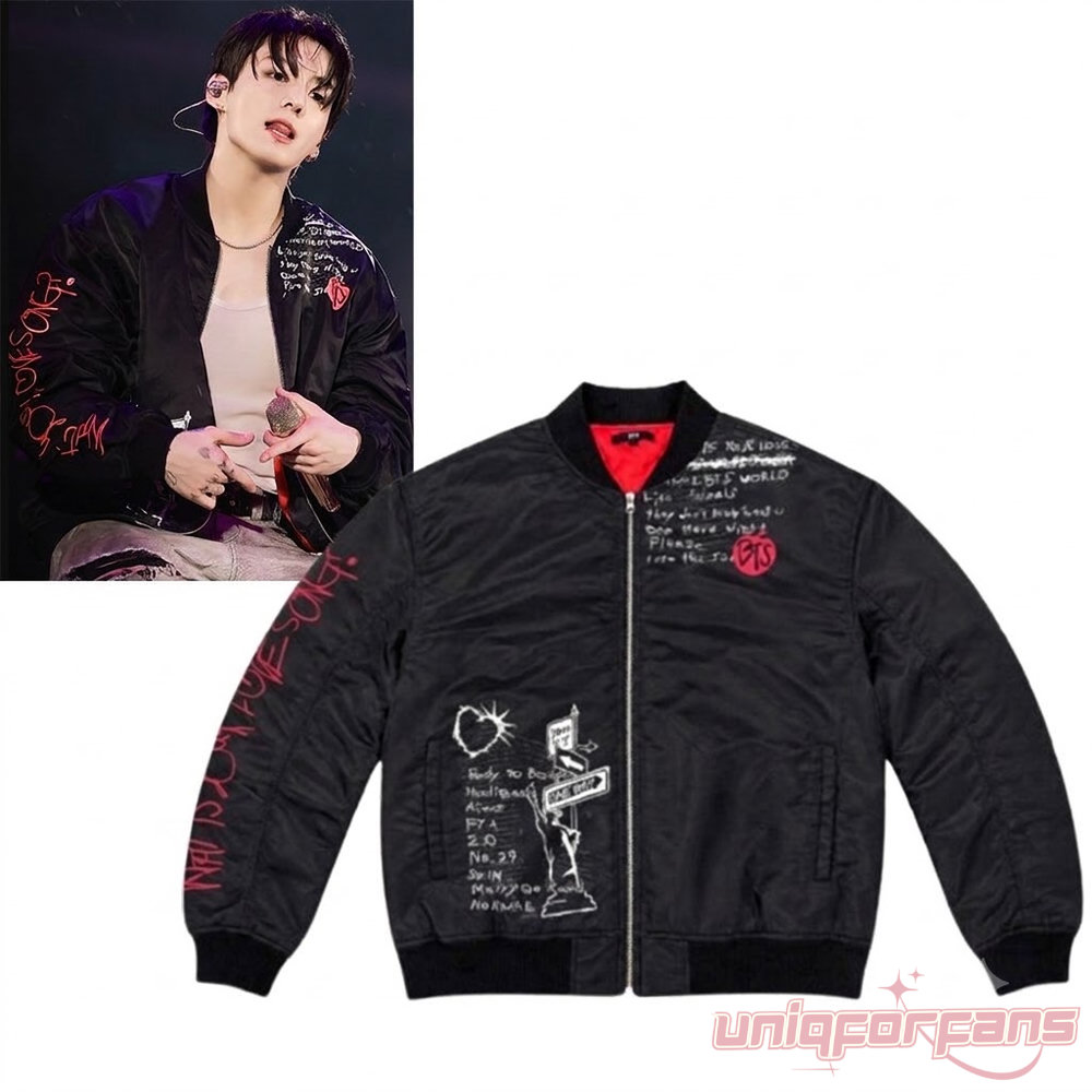BTS Jungkook What Is Your Love Song Inspired Bomber Jacket in black, featuring red sleeve text and white graffiti graphics