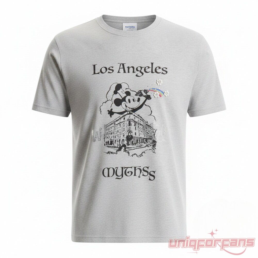 BTS RM Namjoon Hollywood Myths Mickey Mouse Shirt, light gray graphic tee with vintage Los Angeles Mickey print