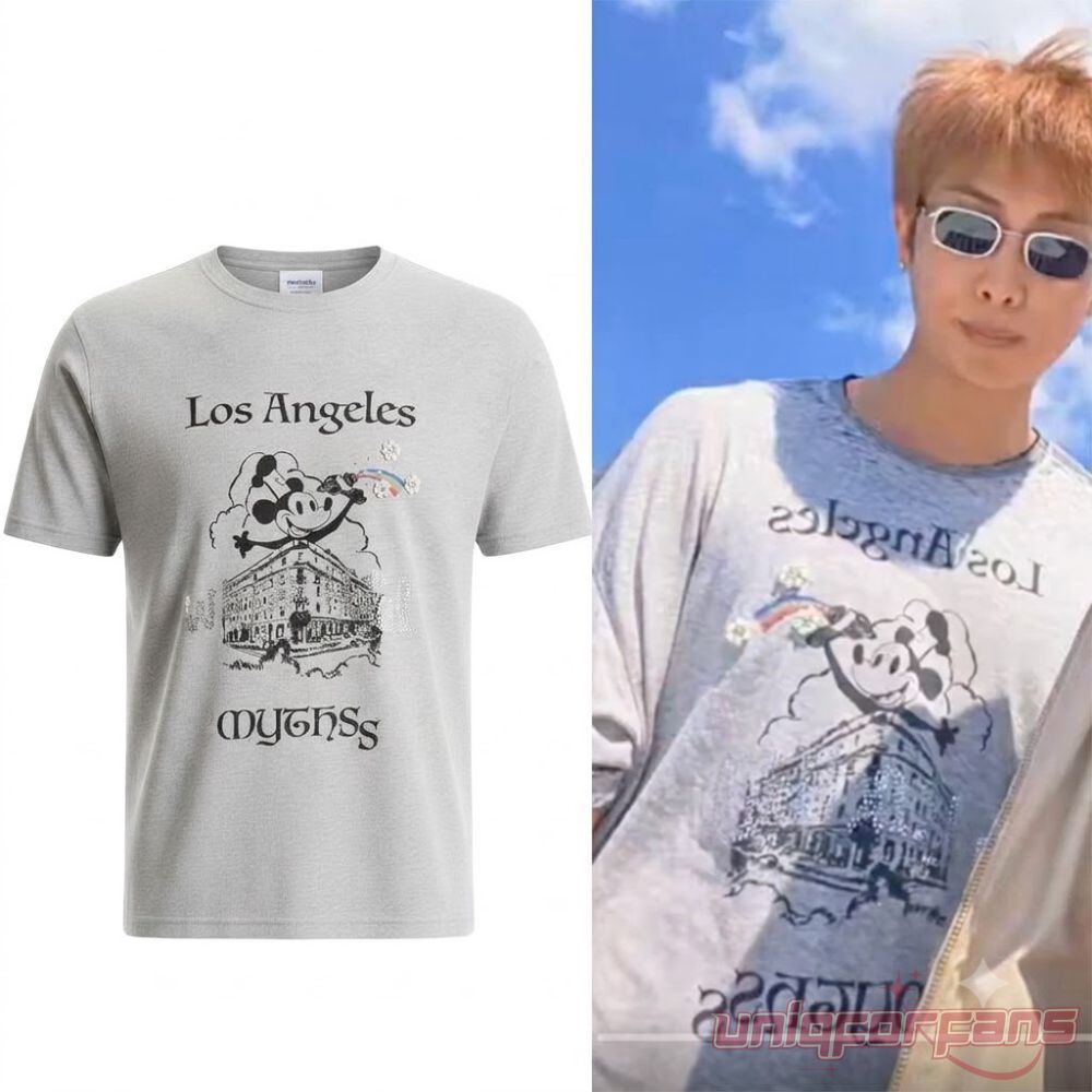 BTS RM Namjoon Hollywood Myths Mickey Mouse Shirt, light gray tee next to RM wearing it outdoors in sunglasses