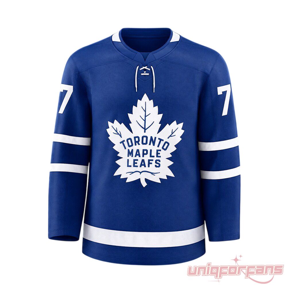 BTS RM Namjoon Toronto Maple Leafs Hockey Jersey front view in blue with white maple leaf logo and number 7