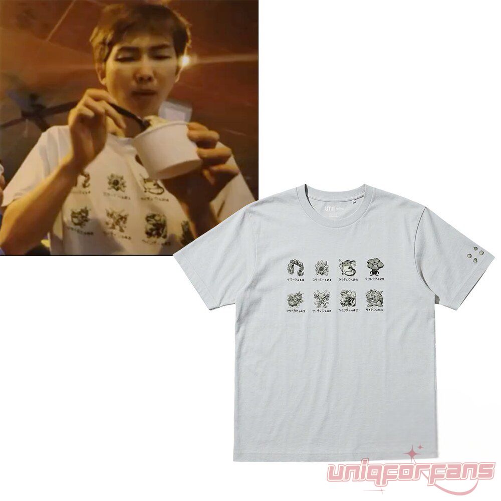 BTS RM Namjoon Uniqlo x Pokemon Pixel Art T-Shirt: grey tee with eight pixelated monsters, as seen on the K-pop idol