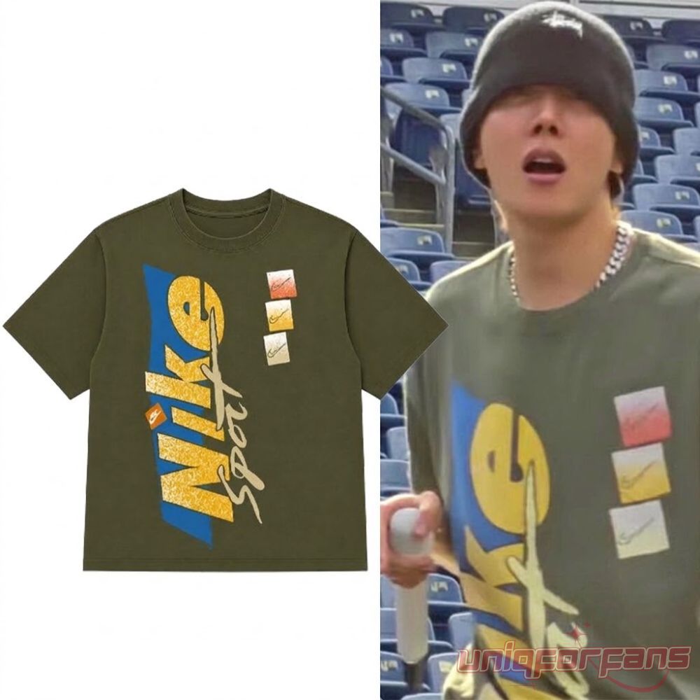 BTS Suga Sport Oversize Shirt Foxborough 2026 For ARMYs, olive green short-sleeve t-shirt with retro Nike Sport graphic