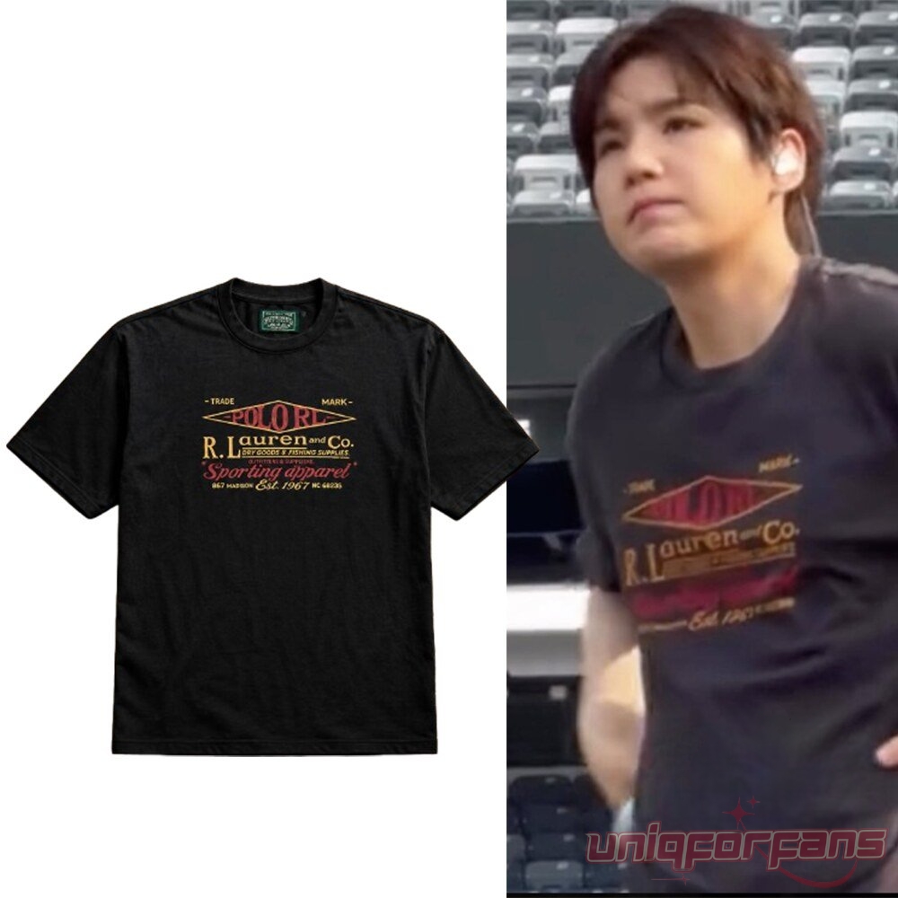BTS Suga Vintage Logo Ralph Lauren Sporting Apparel Shirt worn on stage beside flat lay view of black graphic tee