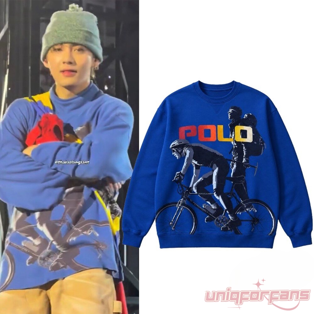 BTS Taehyung Polo Dan And Dave Royal Blue Sweatshirt worn on stage and displayed front view with vintage graphic