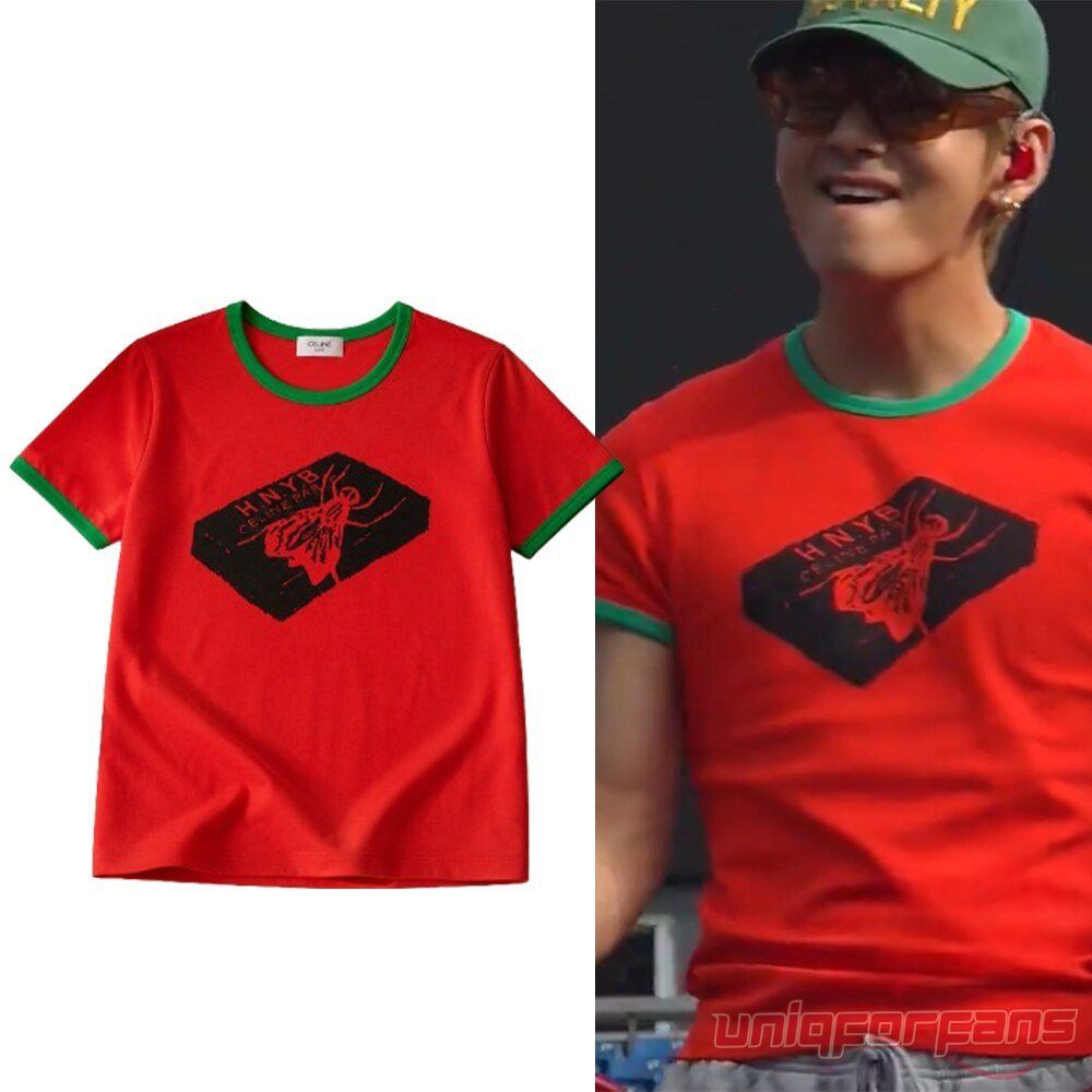 BTS Taehyung V Inspired Tee Celine Harry’s Bar Paris Foxborough, red ringer t-shirt with green trim and fly matchbox print