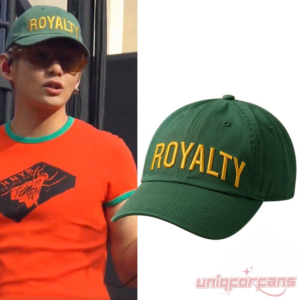 BTS Taehyung V ROYALTY Foxborough Cap Inspired For ARMYs, forest green baseball cap with yellow embroidered ROYALTY text