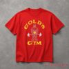 BTS V Kim Taehyung red graphic shirt featuring yellow Gold's Gym logo and weightlifter design on short-sleeve tee