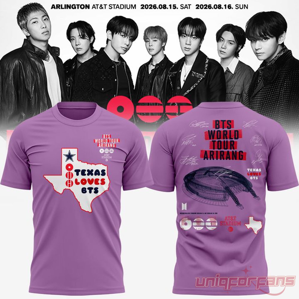 BTS World Tour Arirang Texas Loves BTS AT&T Stadium T-Shirt in purple with Texas state graphic and venue details