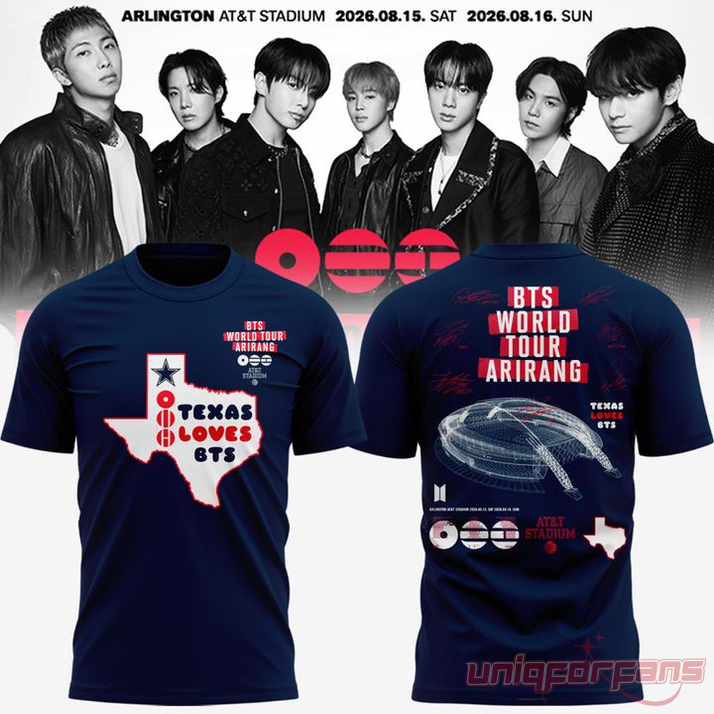 BTS World Tour Arirang Texas Loves BTS AT&T Stadium T-Shirt in navy blue featuring Texas outline graphic and AT&T Stadium illustrations
