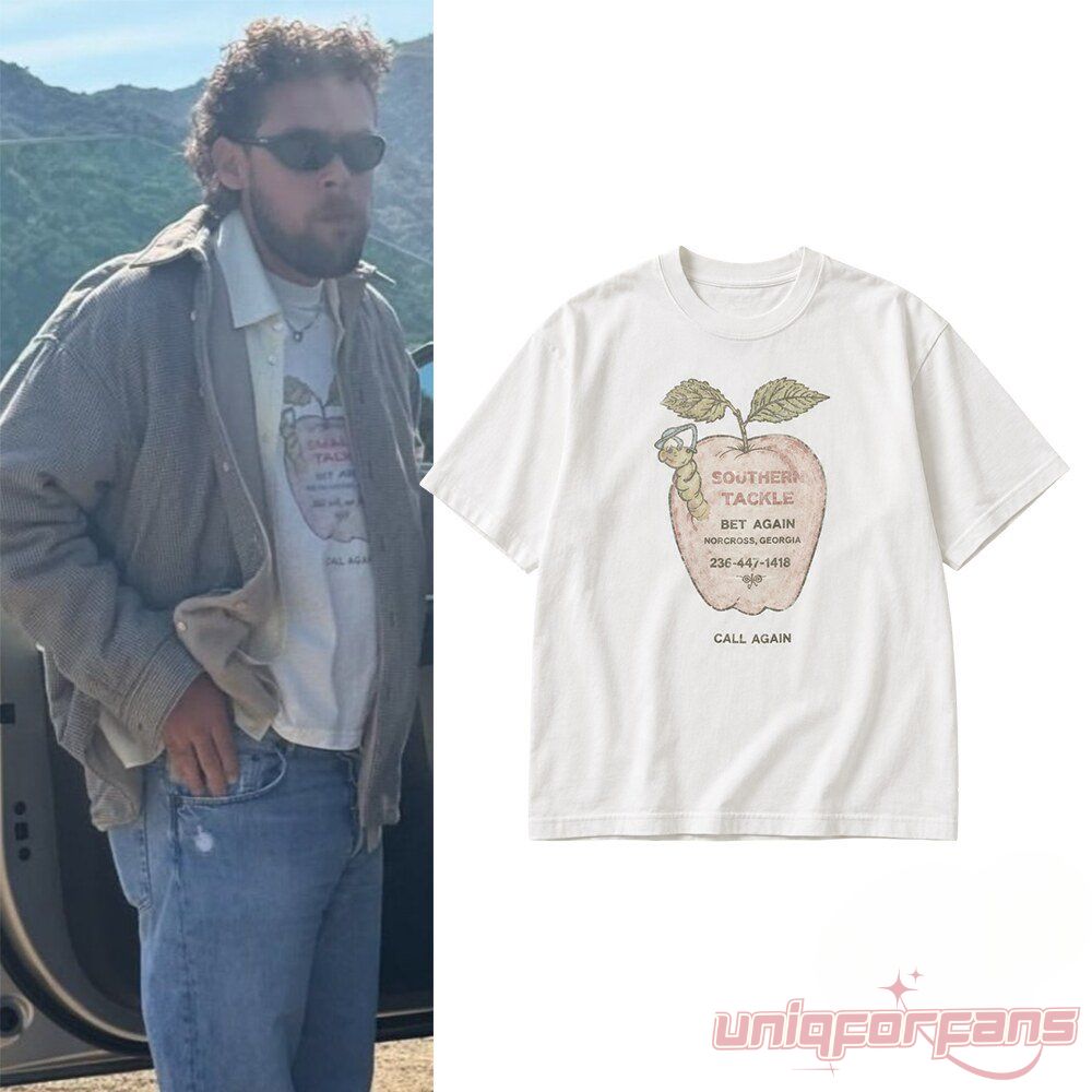 Bad Bunny Southern Tackle Bet Again Apple Off-White T-Shirt featuring vintage apple graphic and worm illustration