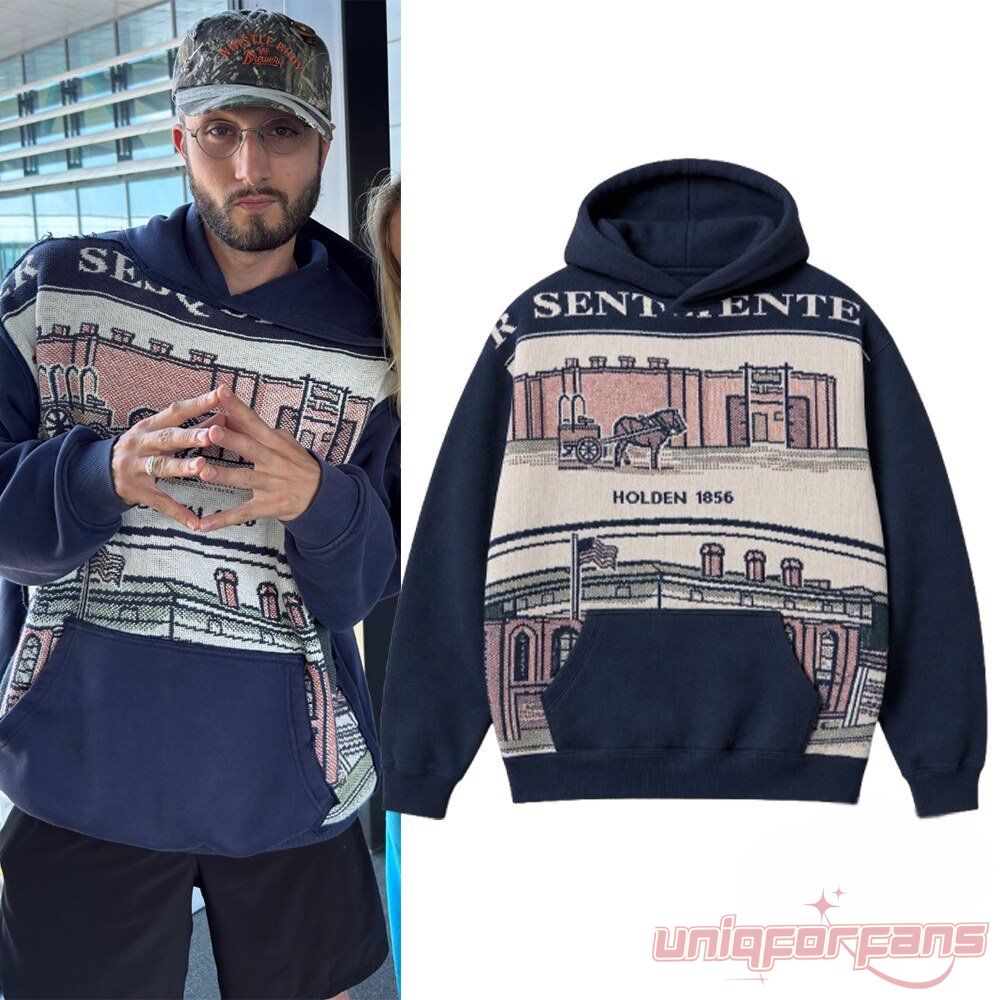BbnoS Holden 1856 Unisex Hoodie in dark blue featuring woven tapestry artwork beside photo of bbno$ wearing it
