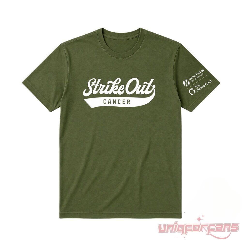 Boston Red Sox Jimmy Fund Strike Out Cancer Olive Green T-Shirt crew neck featuring cursive front typography