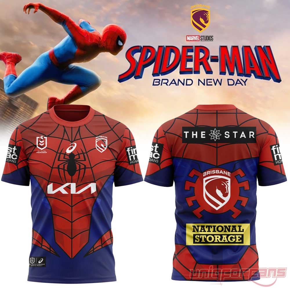 Brisbane Broncos x Spider-Man Shirt Collection 2026, red and blue crewneck tee featuring suit webs and team sponsor graphics